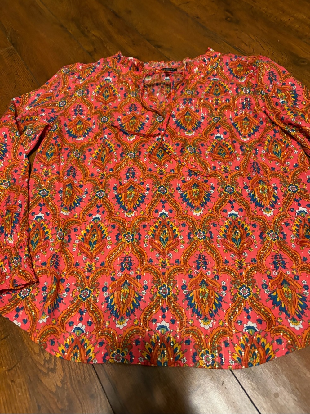 Talbots Coral Pink Paisley-Pattern Long Sleeve Blouse with Ruffle top- M